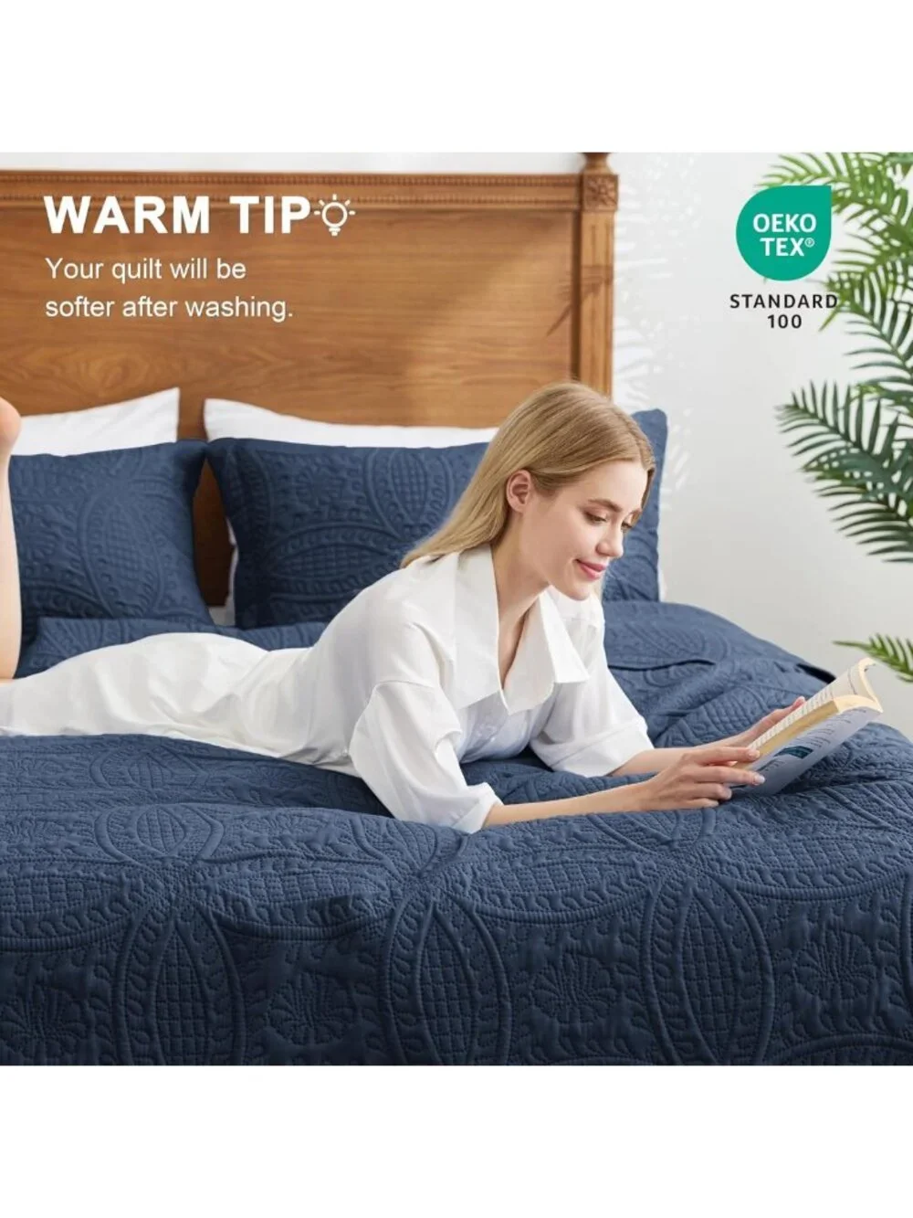 Navy Blue King Size Quilt Set - Soft Lightweight Bedspread & 2 Pillow Shams
